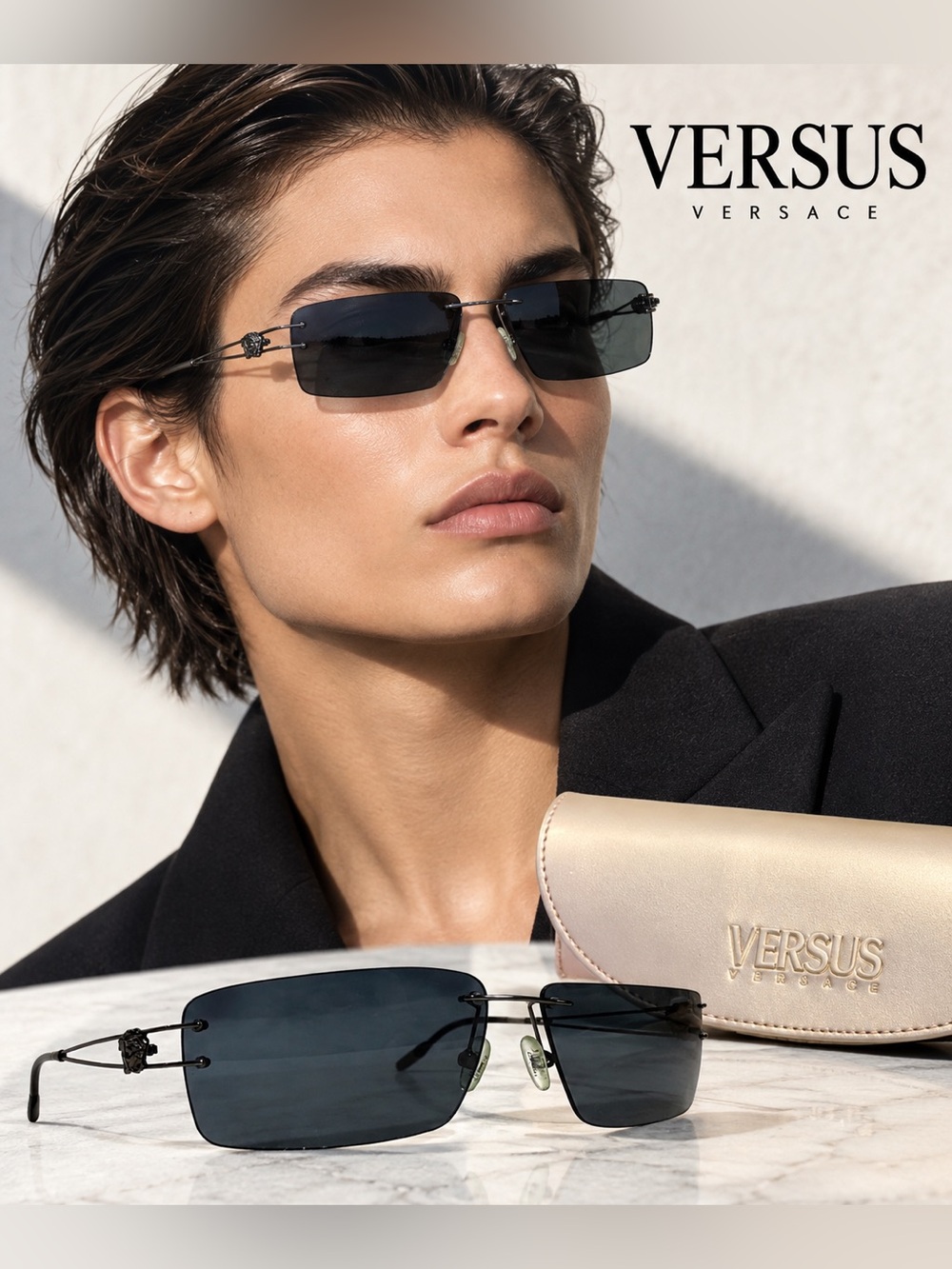 Versus Versace Vintage Silver Gunmetal Rimless Wraparound Sunglasses NWT Italy